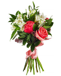 Bouquet of roses and alstroemerias with greenery